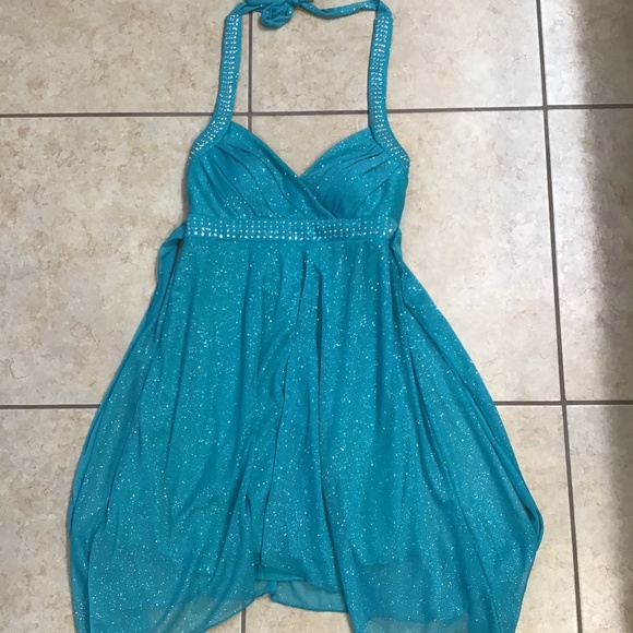 Aqua Green Halter Top Evening Dress - Picture 1 of 4
